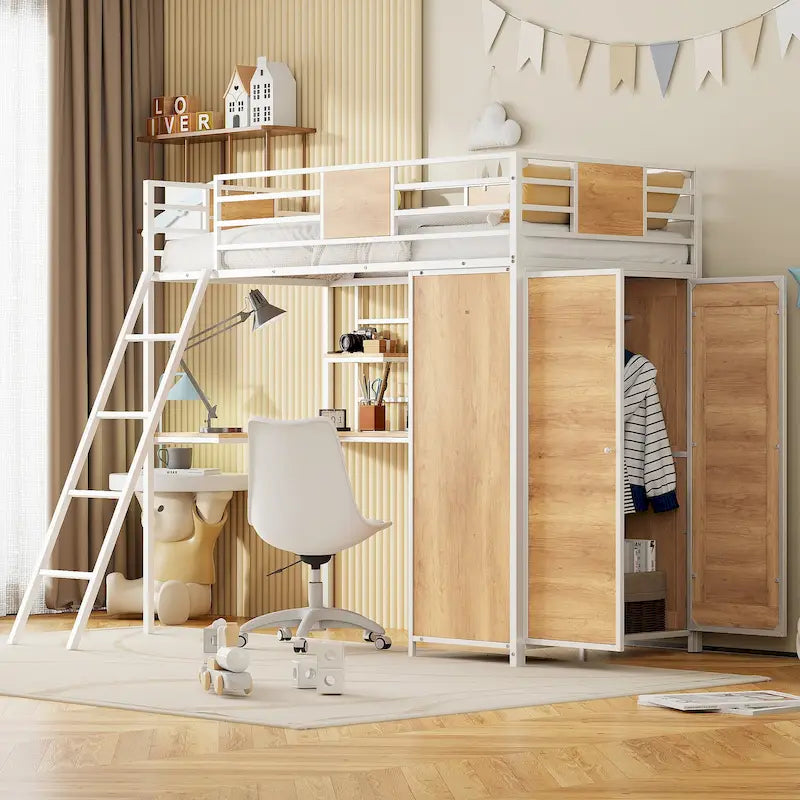 Twin Size Metal Wood Loft bed with L-shape Desk, Wardrobe, Fence and Ladder