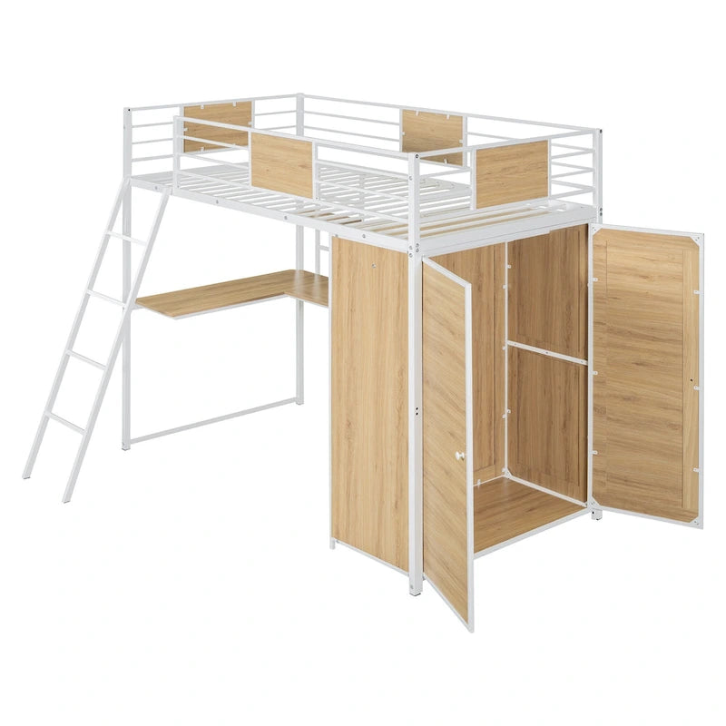 Twin Size Metal Wood Loft bed with L-shape Desk, Wardrobe, Fence and Ladder