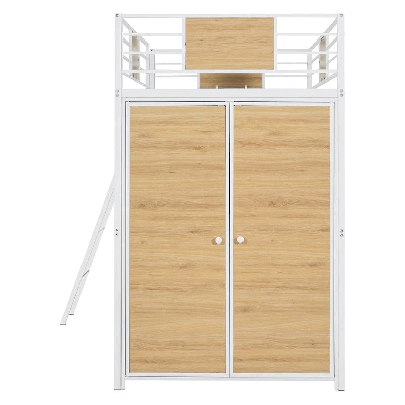Twin Size Metal Wood Loft bed with L-shape Desk, Wardrobe, Fence and Ladder