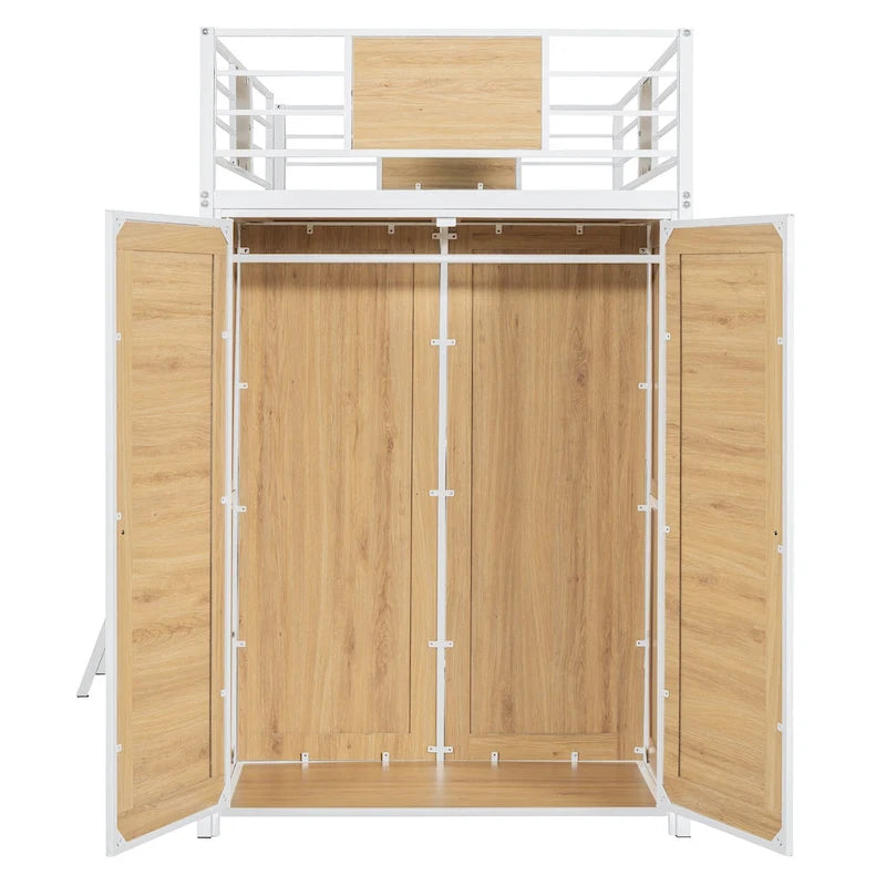 Twin Size Metal Wood Loft bed with L-shape Desk, Wardrobe, Fence and Ladder