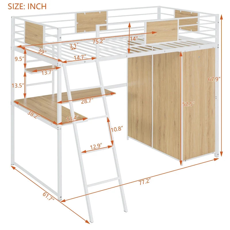 Twin Size Metal Wood Loft bed with L-shape Desk, Wardrobe, Fence and Ladder