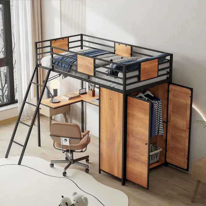 Twin Size Metal Wood Loft bed with L-shape Desk, Wardrobe, Fence and Ladder