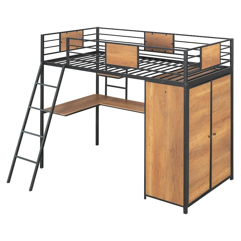 Twin Size Metal Wood Loft bed with L-shape Desk, Wardrobe, Fence and Ladder