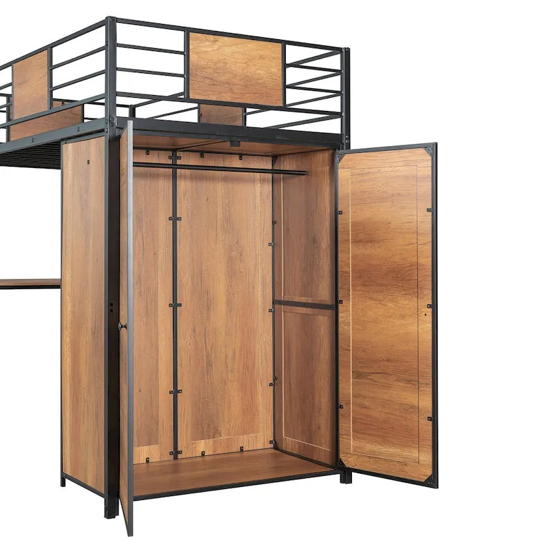 Twin Size Metal Wood Loft bed with L-shape Desk, Wardrobe, Fence and Ladder