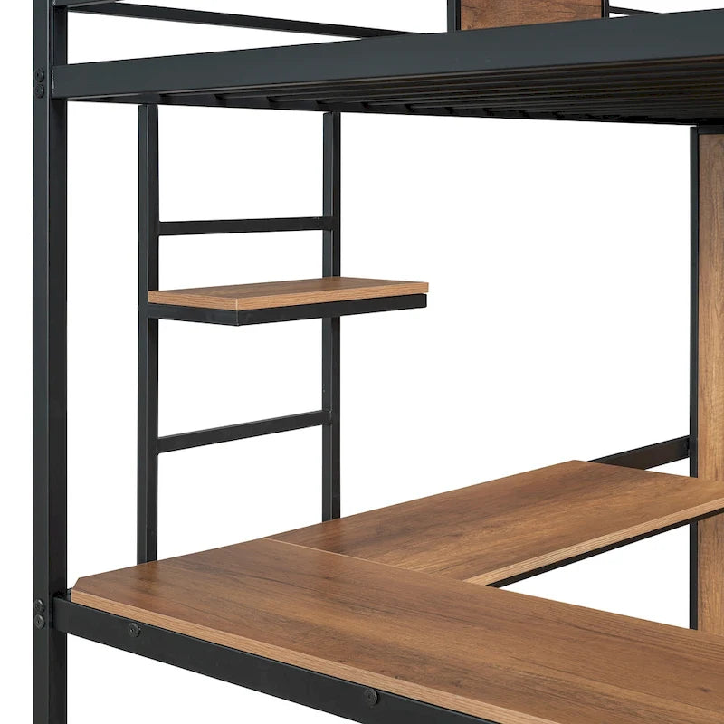 Twin Size Metal Wood Loft bed with L-shape Desk, Wardrobe, Fence and Ladder