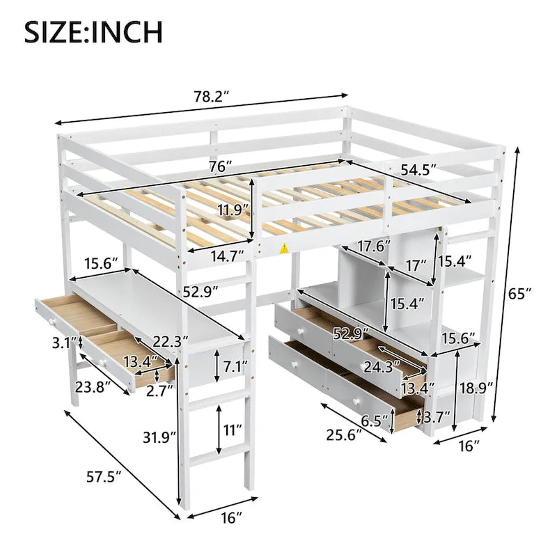 White Full Size Pine Loft Bed with Built-in Desk & Drawers