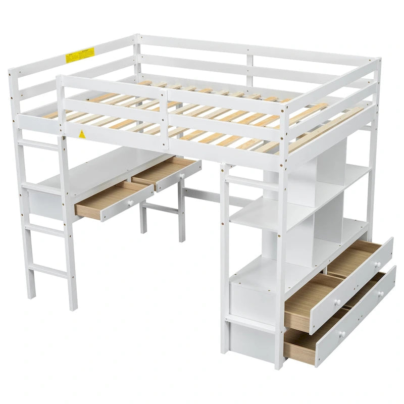 White Full Size Pine Loft Bed with Built-in Desk & Drawers
