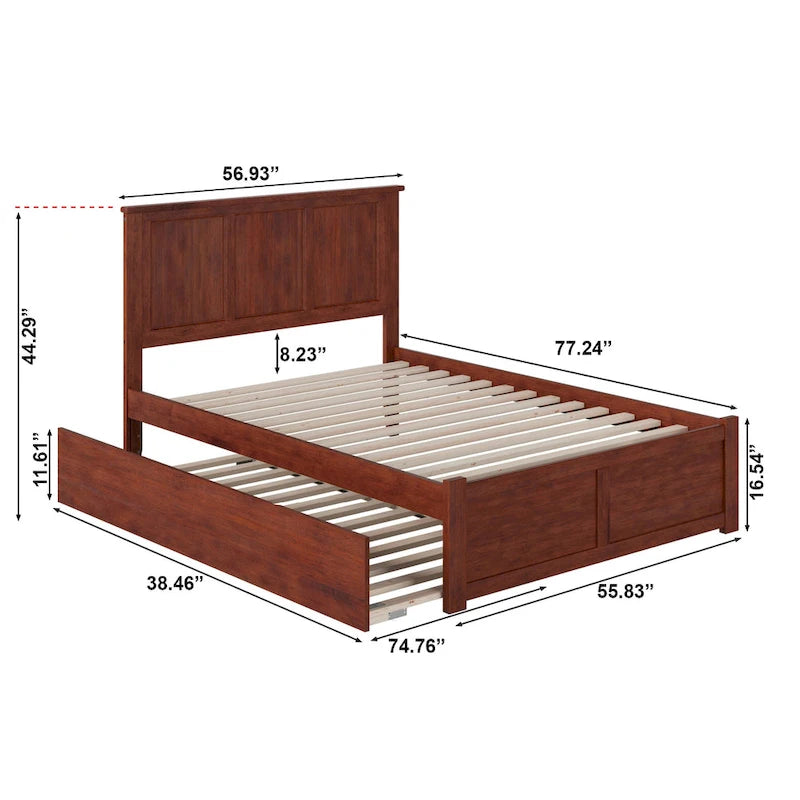 Bed met platform in tweepersoonsformaat, voetbord en uitschuifbed in eenpersoonsformaat, in walnootkleur
