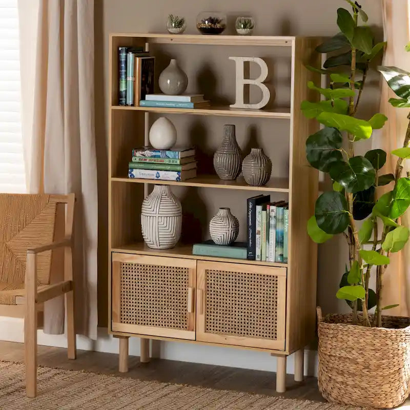Mid-Century Modern Wooden Bookcase & Bookshelf-Natural Brown