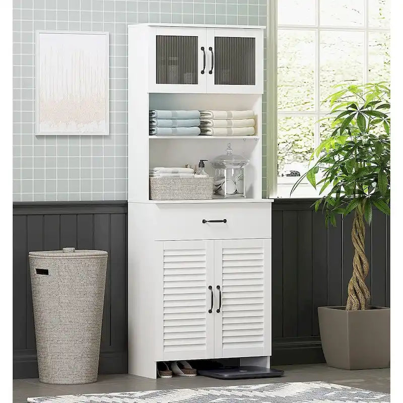 Freestanding Cabinet with Top Bottom Enclosed Cabinet Space Tall Cabinet with Doors and Drawer Whtie