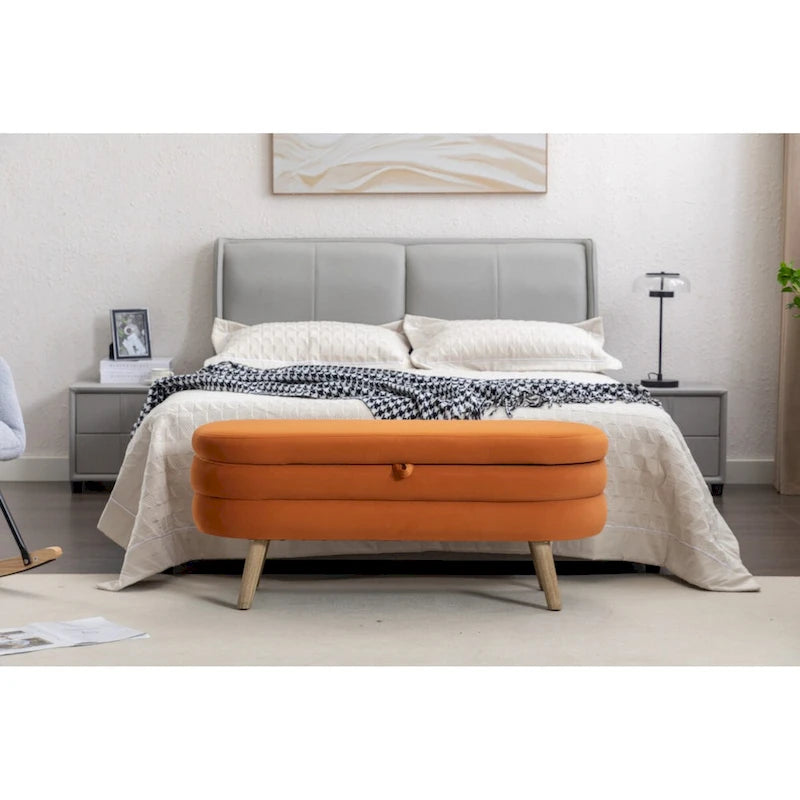 Velvet Fabric Storage Bench Bedroom Bench With Wood Legs For Living Room Bedroom Indoor