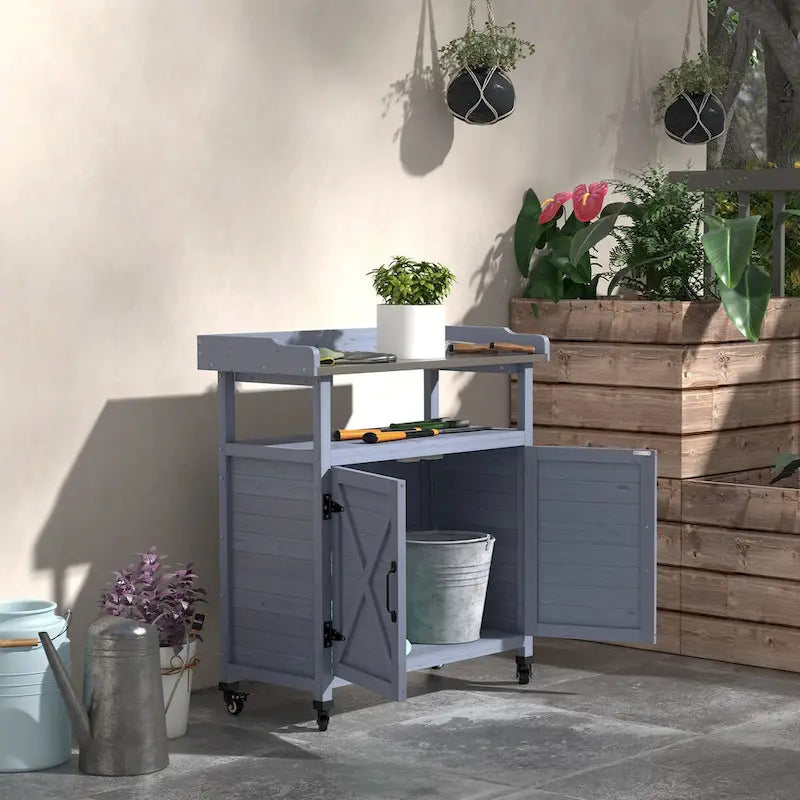 Outdoor Potting Bench, Wooden Potting Table with Storage Cabinet, Aluminum Table Top, Rubber Wheels for Patio, Balcony