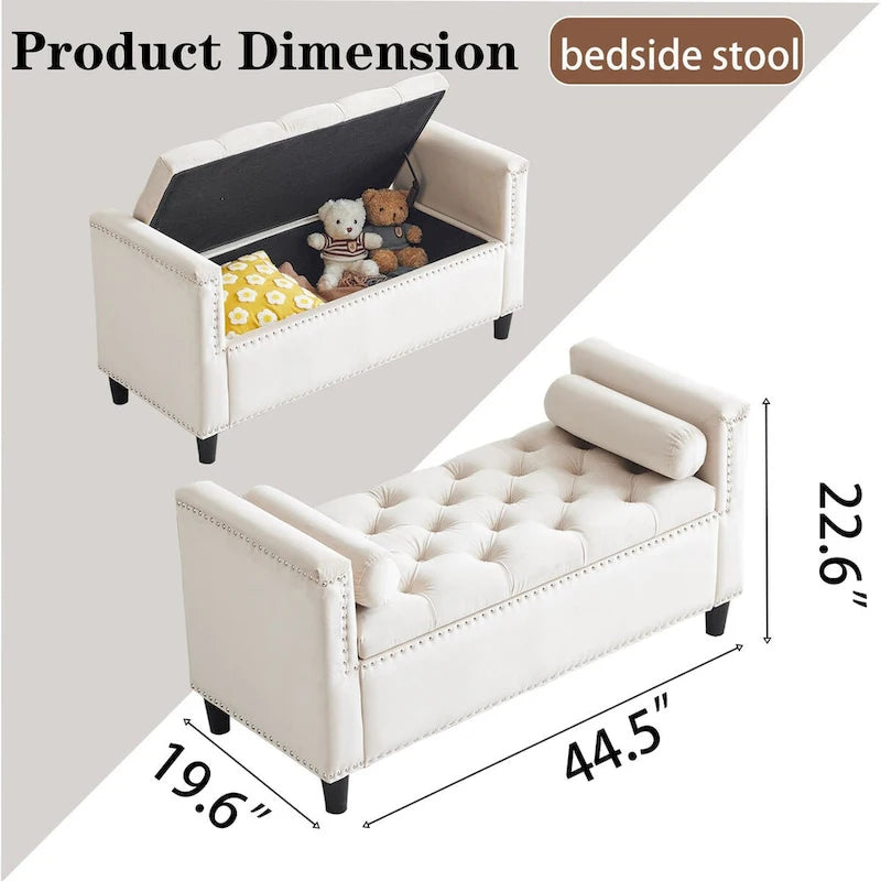 Storage Bench, 44.5-Inch Queen Velvet Button Bedside Bench, Entryway Living Room with Armrests, Nailhead Trim
