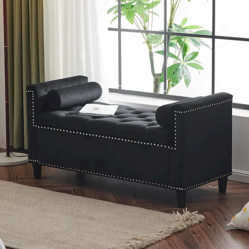 Storage Bench, 44.5-Inch Queen Velvet Button Bedside Bench, Entryway Living Room with Armrests, Nailhead Trim