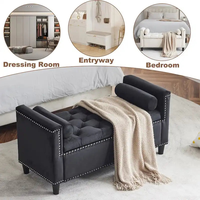 Storage Bench, 44.5-Inch Queen Velvet Button Bedside Bench, Entryway Living Room with Armrests, Nailhead Trim
