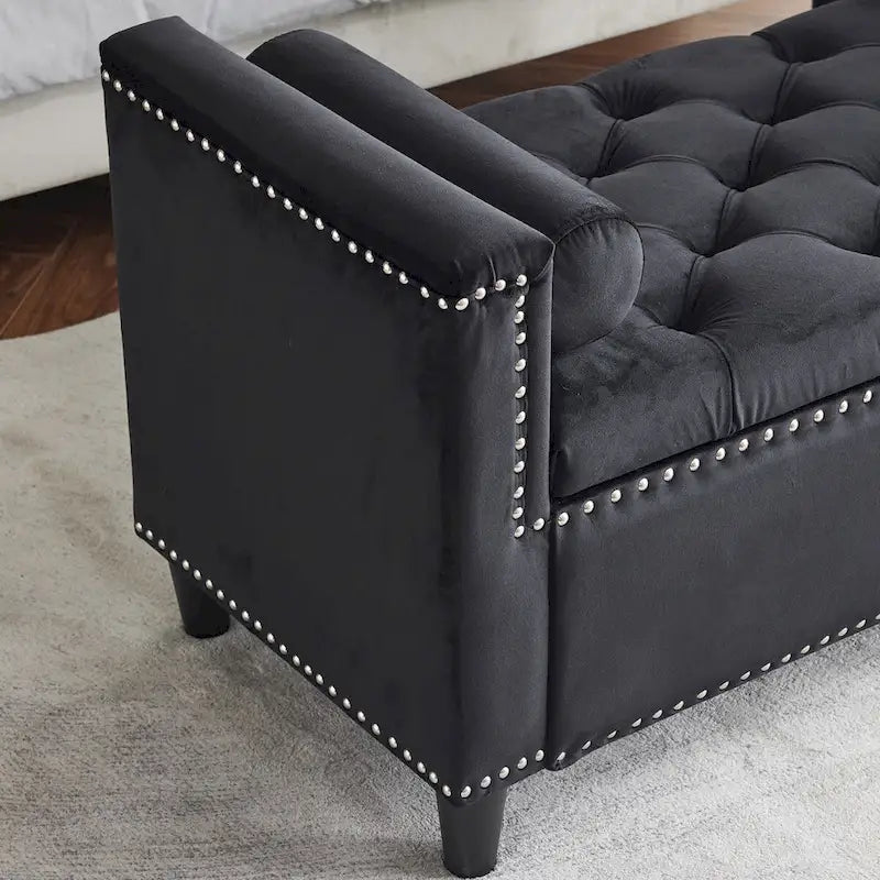 Storage Bench, 44.5-Inch Queen Velvet Button Bedside Bench, Entryway Living Room with Armrests, Nailhead Trim