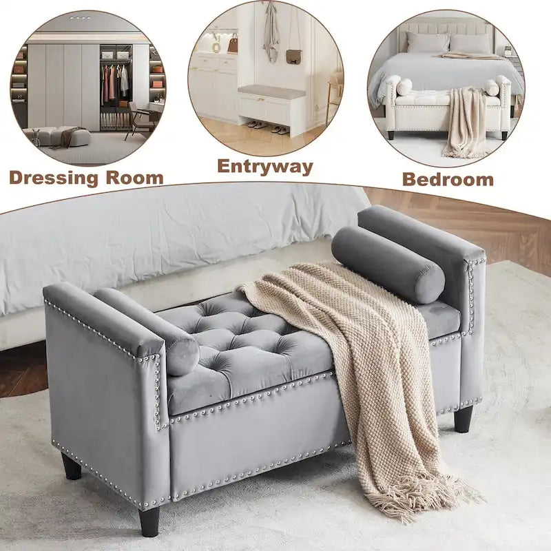 Storage Bench, 44.5-Inch Queen Velvet Button Bedside Bench, Entryway Living Room with Armrests, Nailhead Trim