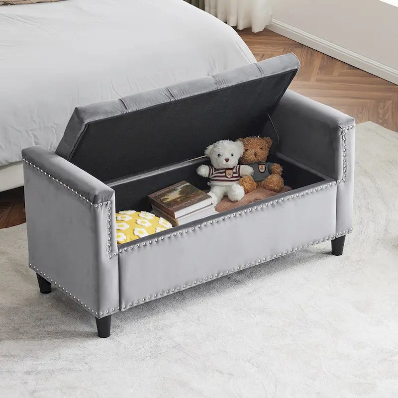 Storage Bench, 44.5-Inch Queen Velvet Button Bedside Bench, Entryway Living Room with Armrests, Nailhead Trim