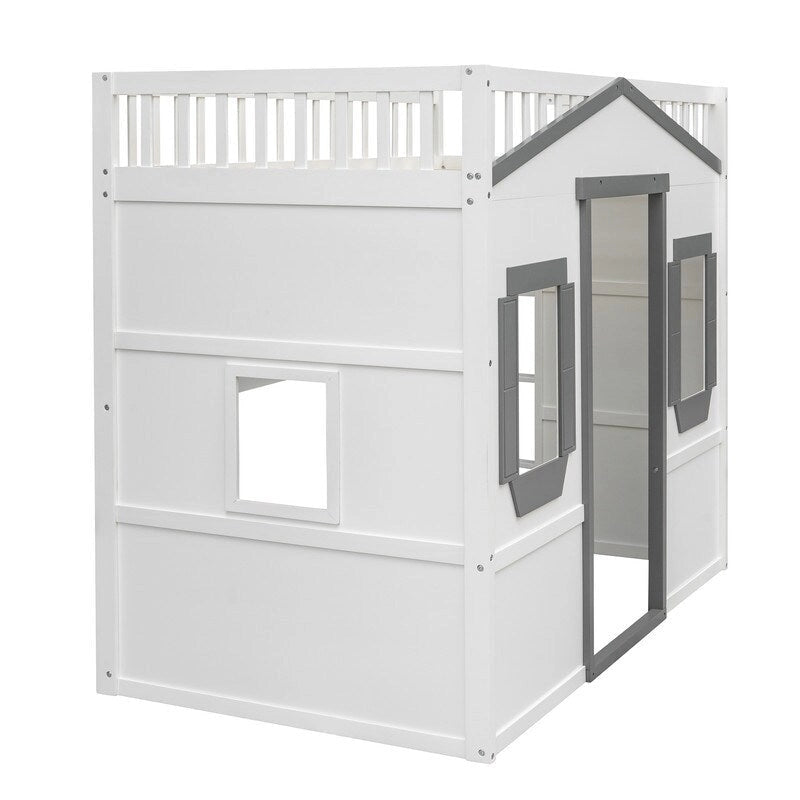 Twin Size Wooden House Loft Bed With Ladder