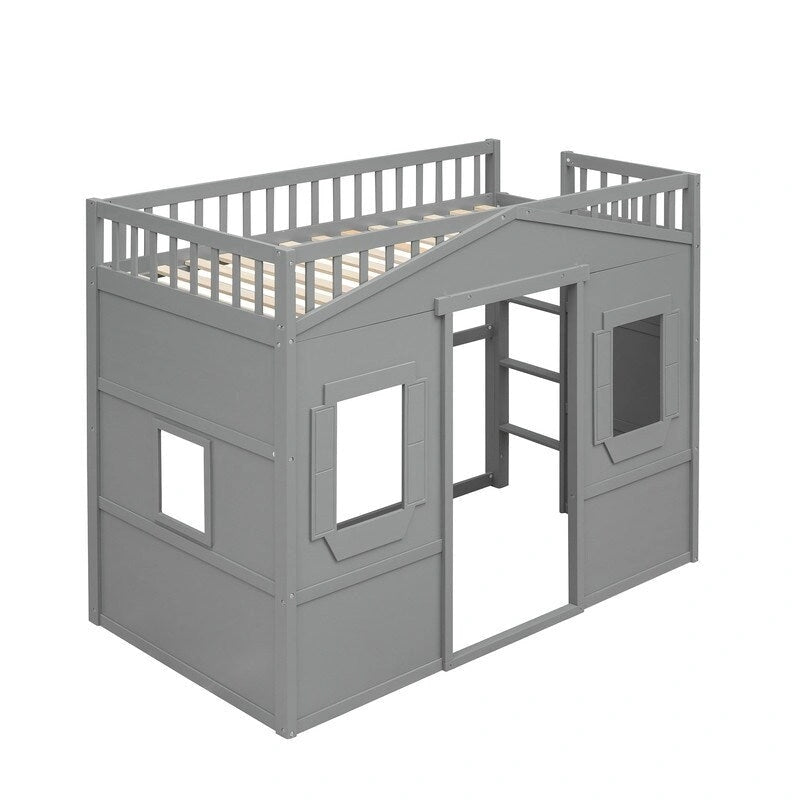Twin Size Wooden House Loft Bed With Ladder