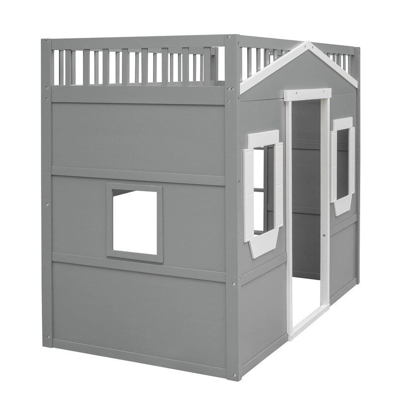 Twin Size Wooden House Loft Bed With Ladder