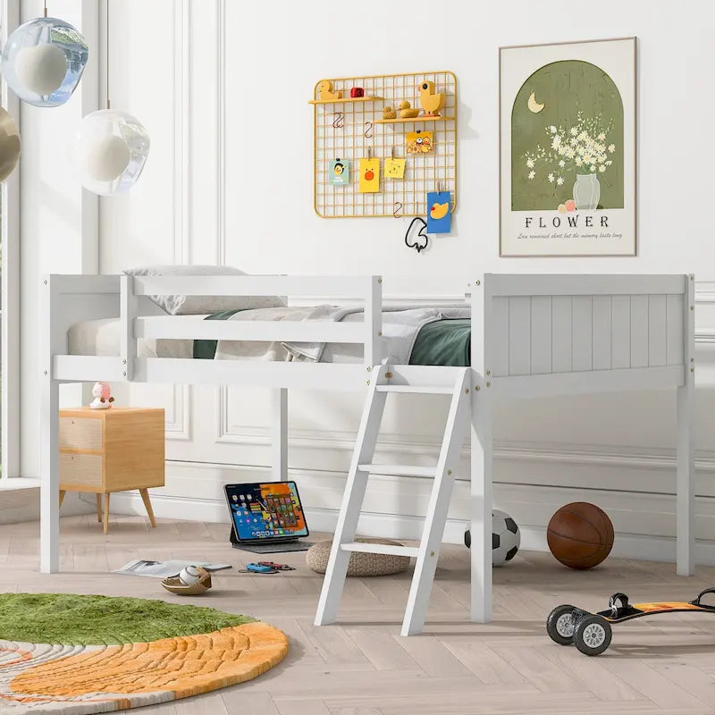 Lit mezzanine bas en bois avec échelle convertible