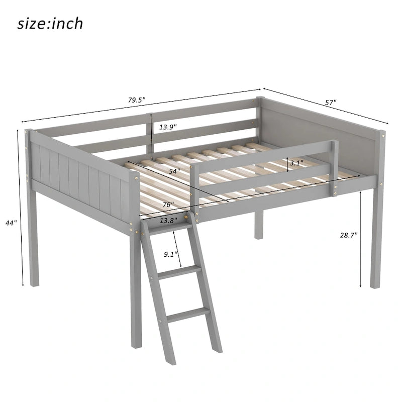Wood Low Loft Bed with Convertable Ladder