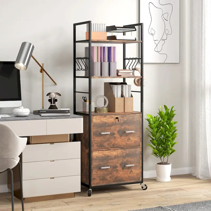 2 Drawer File Cabinet with Key, Bookshelf, Mobile Filing Cabinet with Adjustable Hanging Bar for Letter, A4