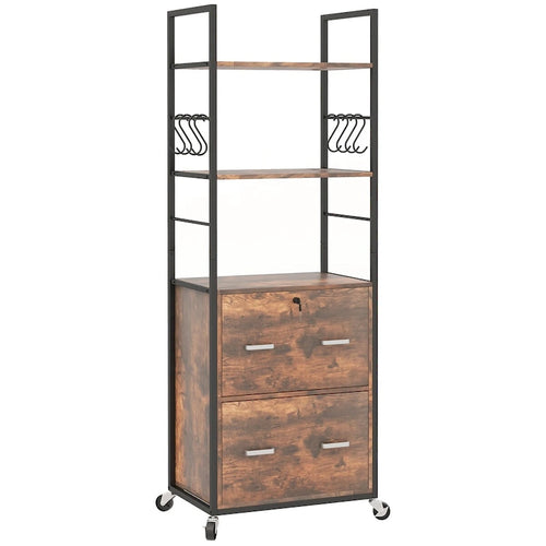 2 Drawer File Cabinet with Key, Bookshelf, Mobile Filing Cabinet with Adjustable Hanging Bar for Letter, A4