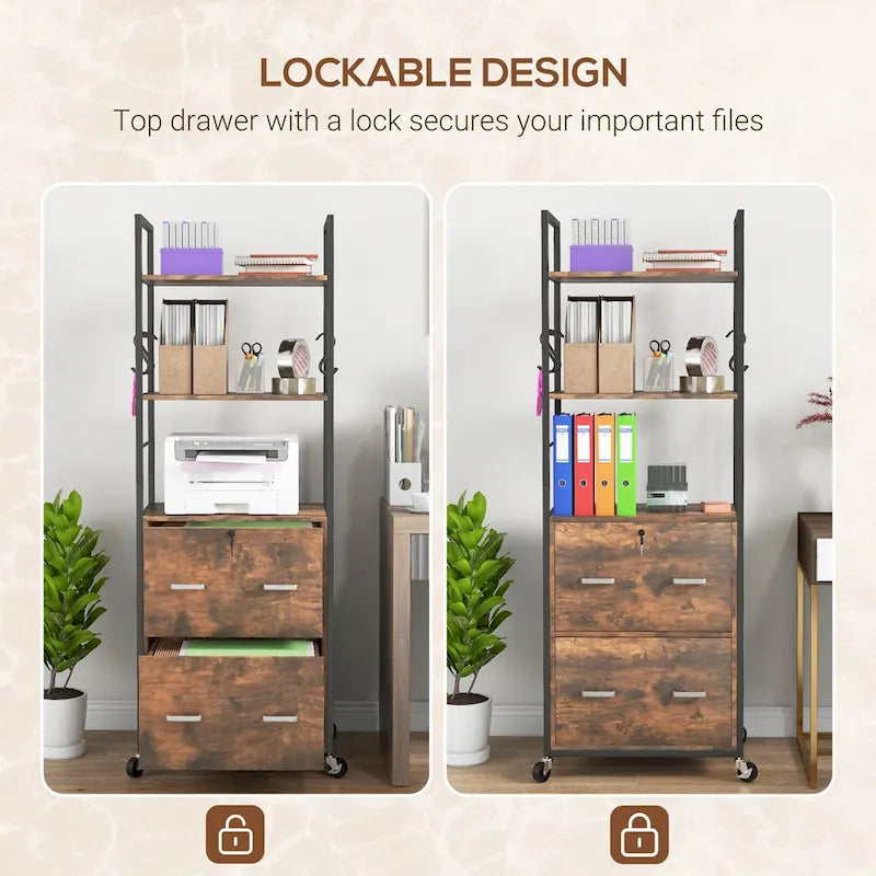 2 Drawer File Cabinet with Key, Bookshelf, Mobile Filing Cabinet with Adjustable Hanging Bar for Letter, A4