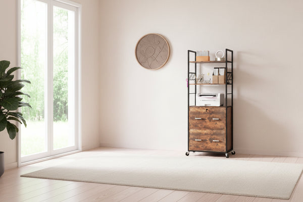 2 Drawer Mobile File Cabinet with Lock & Hanging Bar, Rustic Brown