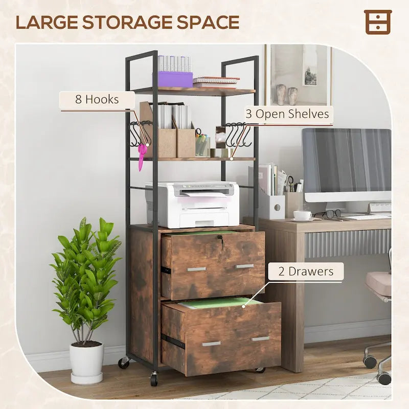 2 Drawer Mobile File Cabinet with Lock & Hanging Bar, Rustic Brown