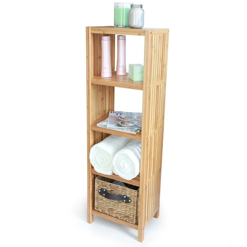 Luxe vrijstaande bamboe-opbergkast met 5 niveaus voor de badkamer, badkamerorganizer met opbergplanken